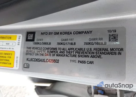 2020 Chevrolet Spark Fwd 1Lt Automatic z USA, uszkodzony, nr VIN KL8CD6SAXLC428602